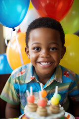 Fototapeta na wymiar happy and smiling African American child boy celebrates his birthday, vivid and vibrant colors