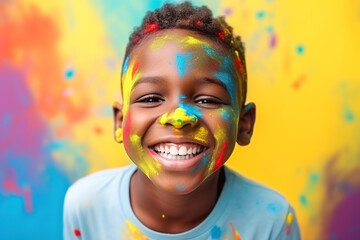 happy and smiling African American child boy celebrates his birthday, vivid and vibrant colors