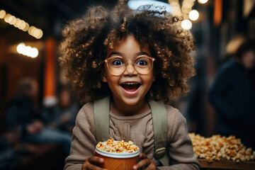Funny and ridiculous African American child girl eats caramel popcorn - obrazy, fototapety, plakaty