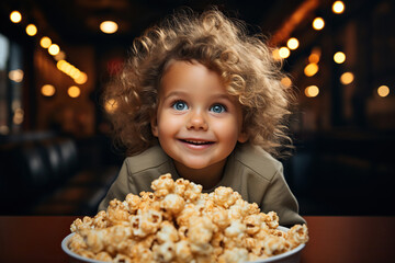 Naklejka premium Funny and ridiculous child boy eats caramel popcorn