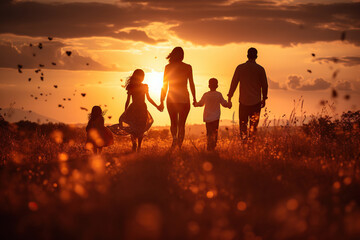 Happy large family: mother, father, children son and daughters running on nature on sunset - obrazy, fototapety, plakaty