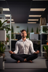 Relaxation at the work place, with a man sitting in lotus position on an office desk