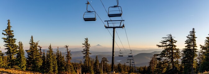 Ski lift ascending up the side of Mount Hood
in Oregon surrounded by fir forest trees at sunset