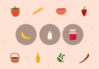 Hand-Drawn Organic Food and Grocery Icons Set