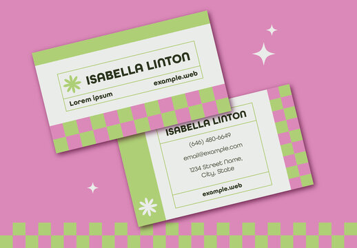 Pink and Green Retro Checkered Business Card Template