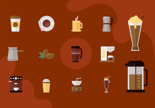 Flat Minimalist Coffee Drinks and Brewing Equipment Icon Set