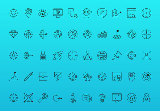 Blue Target and Goal Icons Business Strategy Line Art. Precision Marketing Icons Set