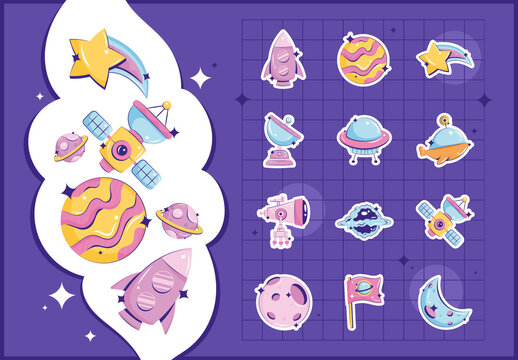 Purple Pink Yellow Cute Space Exploration Icons Set