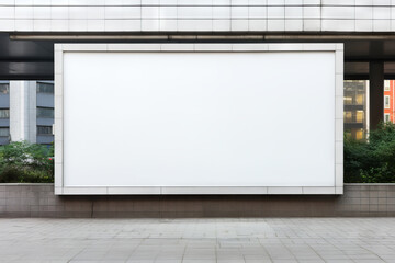 Blank white horizontal billboard in the street. Mockup advertising board, digital display, showcase with urban background - obrazy, fototapety, plakaty