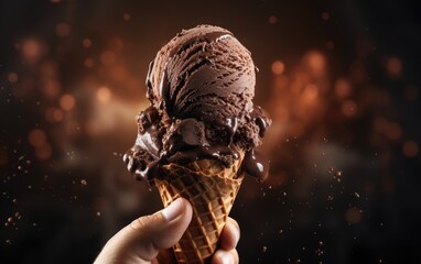 Person hand holds chocolate ice cream in a waffle cone