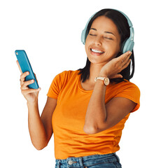 Woman, headphones and streaming podcast or music on phone, isolated and transparent png background....