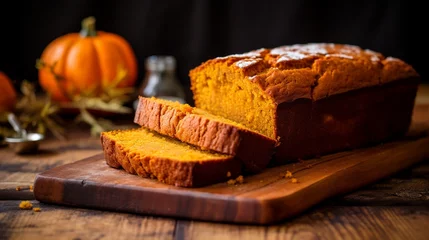 Poster Homemade pumpkin cake on black wooden background, winter seasonal sweet dessert Pumpkin Bread. © Jasper W