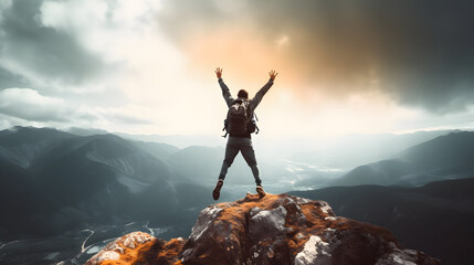 Successful hiker man jumping on the top of the mountain - Successful, business and sport concept.