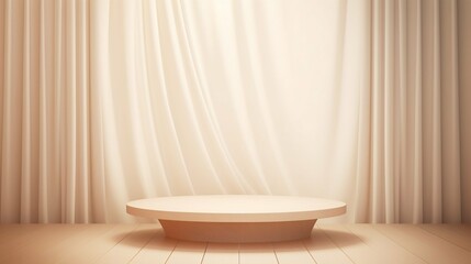 Fototapeta na wymiar Serenity Showcase: Empty Round Wooden Podium Amidst Soft White Curtains in Sunlight. Generative ai