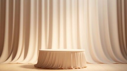 Serenity Showcase: Empty Round Wooden Podium Amidst Soft White Curtains in Sunlight. Generative ai