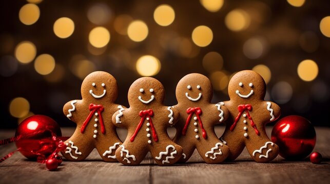 Gingerbread men and gingerbread cookie on bokeh background. Christmas banner.