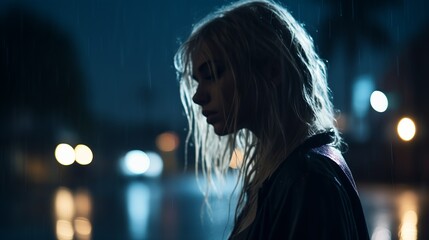 silhouette shot of a gorgeous teen standing in the rain in an empty street with his head tilted downward, misery and ominous concept, rain drops, blond hair, mid of the night, dim theme, side shot - obrazy, fototapety, plakaty