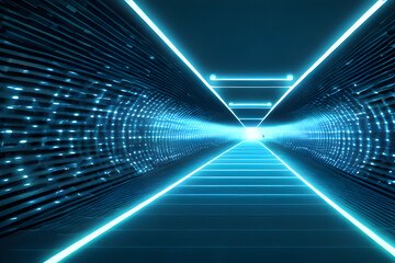 Abstract computer network data stream digital tunnel with flat trail with blue neon lights technology cyberspace futuristic theme background