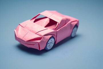Miniature pink model origami car displayed on a bright blue surface