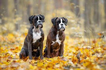 Brindle Boxers sitting in the autumn forest, around yellow maple leaves, orange and red colors of...