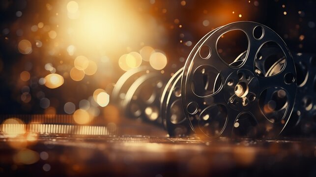 Vintage Cinema: Classic Film Reel with a Glimmering Bokeh Backdrop. Generative ai
