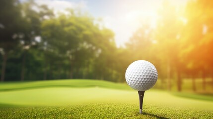 Golf ball on tee on a green lawn and blurred trees background