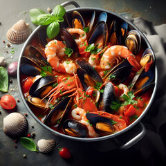 Spicey Red Cioppino, San Francisco Fish Stew Soup, Fresh from the Market Clam Meat, Dungeness Crab, Shrimp, Scallops, Squid, Mussels, Fish, Tomatoes, Wine on a Black Plate Skillet Traditional American