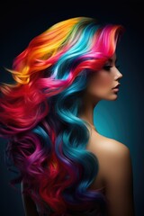 A woman with colorful hair is posing for the camera. Color brilliance, irresistible hair perfection