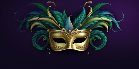 A gold mask with green feathers on a purple background. Mardi Gras decorative element.