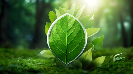 The green shield protects nature and protects the environment. - obrazy, fototapety, plakaty