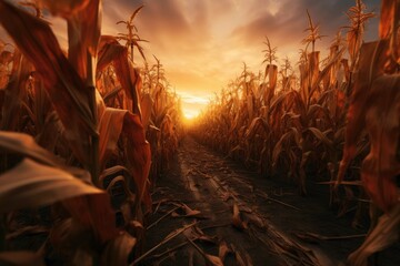 Dry corn field in the sunset day ready to harvast. 
