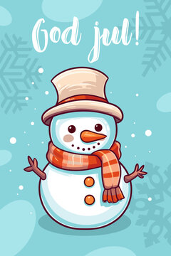 Cheerful Scandinavian Christmas card with cute smiling snowman. God Jul lettering means Merry Christmas in Swedish, Danish, Norwegian, Icelandic. Colorful Nordic winter holiday vector illustration