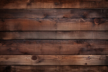 Wooden wall background of weathered, dark maple planks in horizontal slats, surface material texture.