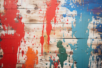Wooden wall texture covered in splashes of colorful paint
