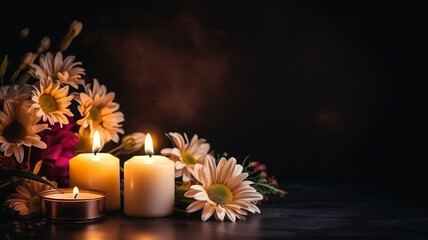 beautiful flowers and candles on a wooden table