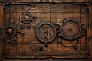Steampunk-inspired wooden surface texture with geometric structure and cog gear accents, wooden surface material texture