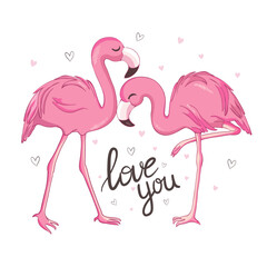 Love Flamingos. Hand drawn vector illustration of two flamingos kissing with necks in the shape of a heart.