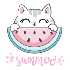 Cute Cat Cartoon Drawing with Fruit Watermelon Summer Banner Background