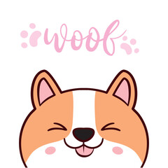 Happy cartoon puppy sitting, Portrait of cute little dog wearing collar. Dog friend. Vector illustration. Isolated on white background.