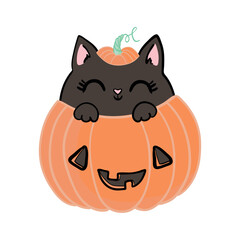 Happy Halloween greeting card. Devil black cat sitting on pumpkin