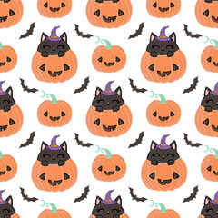 Spooky halloween kittens faces, horror animals and cute witchcraft cats seamless vector illustration. Halloween seamless cats wallpaper
