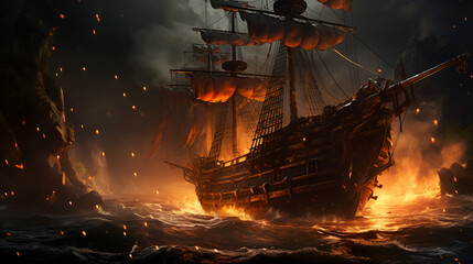 Intense and dramatic scene of a galleon ship amidst fiery turmoil, turbulent waters, waves crashing against  wooden hull. Chaos, danger and imminent doom. Generative AI