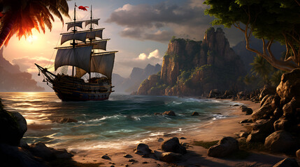 Breathtaking seascape during sunset, majestic galleon ship with multiple sails and intricate details are anchored near a lush, verdant coastline. Generative AI