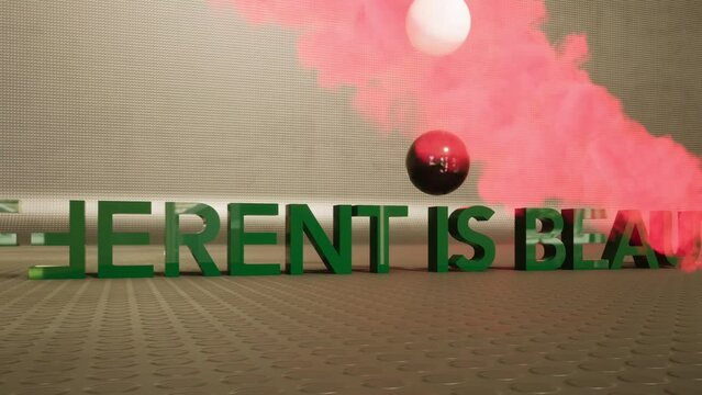 Modellazione 3D con animazione di un testo DIFFERENT IS BEAUTIFUL colore verde e sfondo astratto