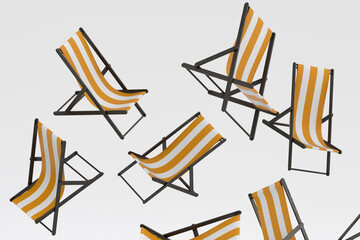 Fototapeta premium Many of flying striped beach chairs for summer getaways isolated on white