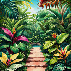 Serenity in Nature: Symmetrical Tropical Paradise with Rich Exotic Flora - oil painting style