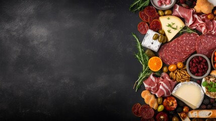 Assortment of charcuterie cheeses, meats, and appetizers. Top view double border on a dark stone background with copy space