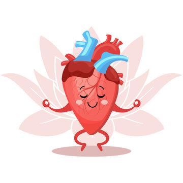 Cute cheerful cartoon character of healthy human heart in yoga pose. Human anatomy, medical concept. Illustration, icon, vector