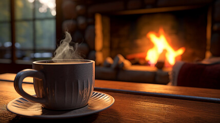 コーヒーと暖炉の画像