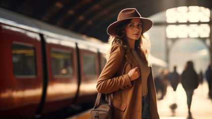 Obraz premium Stylish woman with a suitcase on the station platform. A young traveler is heading on vacation. Travel concept, vacation.